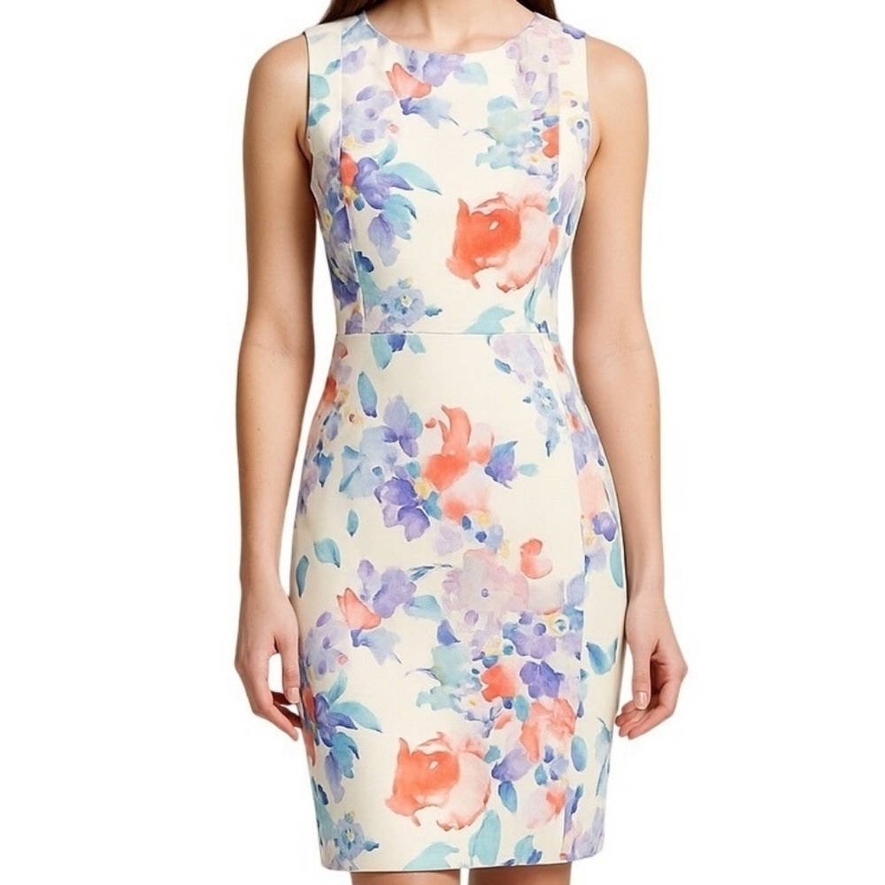 Calvin Klein Floral-Print Sleeveless Scuba Knitted Seamed Sheath Midi Dress Sz 0